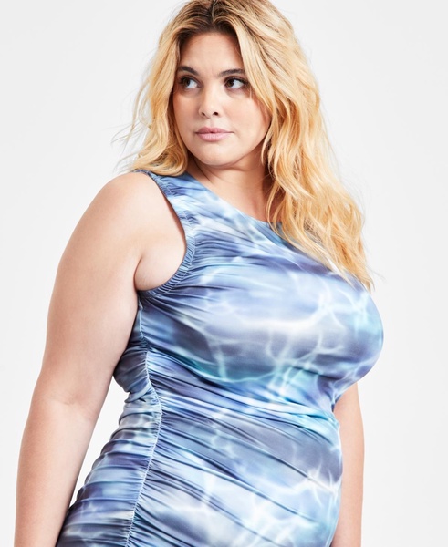 Trendy Plus Size Printed-Mesh Side-Ruched Dress, Exclusively at Macy's