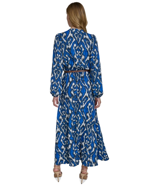 Women's Printed Long-Balloon-Sleeve Belted Dress