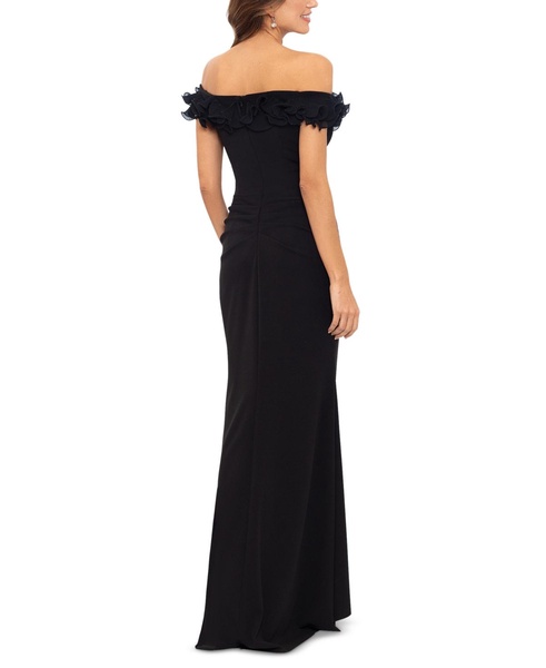 Women's Scuba-Crepe Ruffled Off-The-Shoulder Fit & Flare Gown  