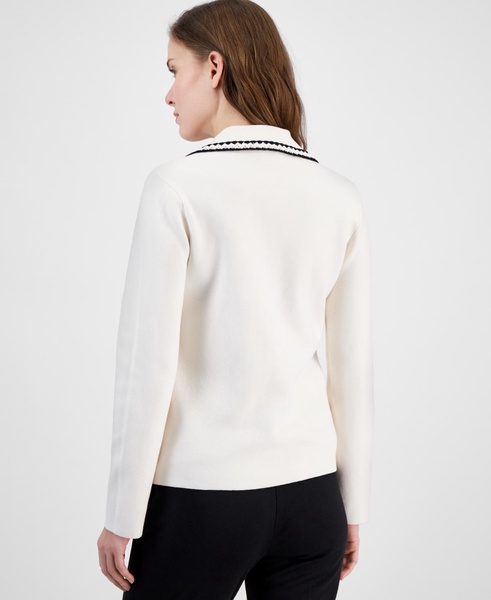 Women's Braided-Trim Notched-Collar Cardigan Sweater