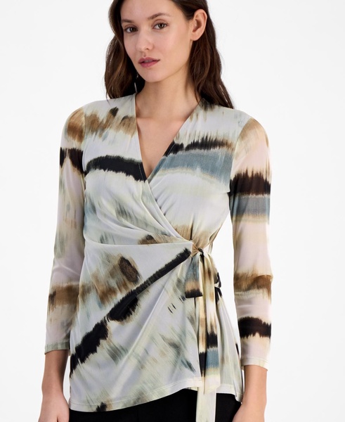 Women's Printed-Mesh 3/4-Sleeve Wrap Top
