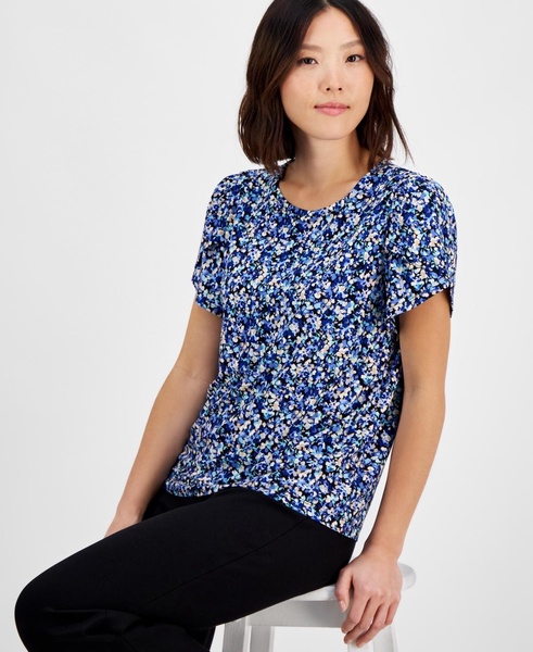 Petite Gathered-Tulip Short-Sleeve Printed Top
