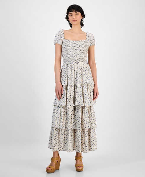 Petite Printed Smocked Tiered-Ruffle-Trim Dress, Exclusively at Macy's 