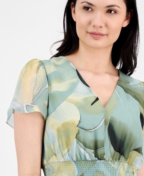 Women's Floral-Print Smocked-Waist Tulip-Sleeve Dress