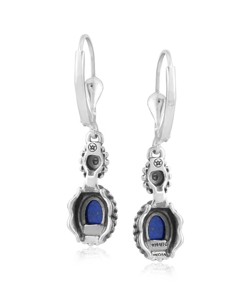 Sterling Silver Lapis Gemstone Floral and Rope Design Dangle Earrings