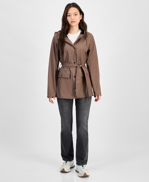 Women's Tie-Waist Snap-Front Hooded Rain Coat