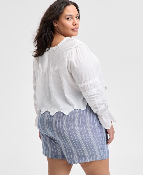 Plus Size Cotton Pleated Scallop-Hem Blouse, Exclusively at Macy's