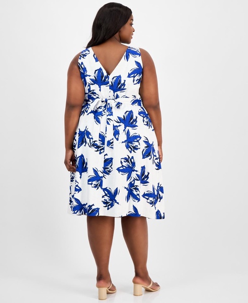 Plus Size Floral-Print Linen-Blend Fit & Flare Dress