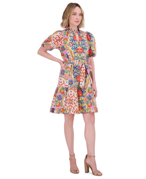 Women's Printed Cotton Ruffle-Neck Tie-Waist Dress