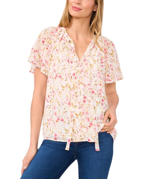 Women's Flutter-Sleeve Tie-Neck Blouse