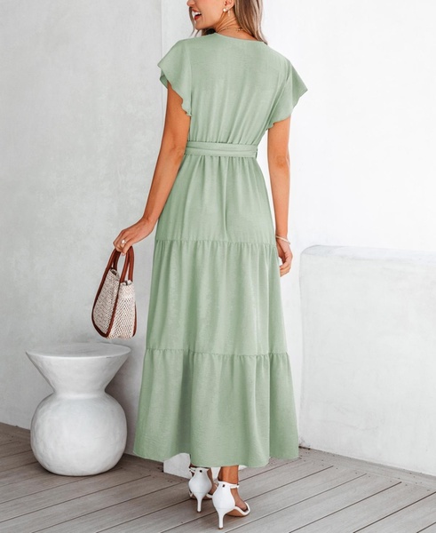 Women's Sage Green Surplice Ruffled Maxi Beach Dress