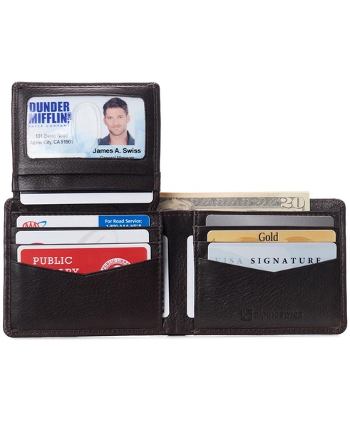 Mens Genuine Leather Passcase Bifold Wallet RFID Safe 2 ID Windows