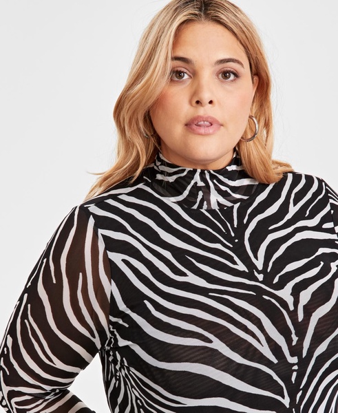 Trendy Plus Size Zebra-Print Mock-Neck Mesh Dress, Created for Macy's 