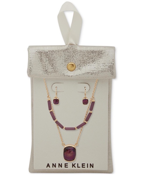 Gold-Tone 2-Pc. Set Purple Stone Layered Necklace & Matching Drop Earrings
