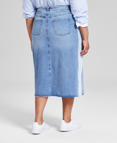 Plus Size Two-Toned Slit-Front Cut-Hem Denim Skirt, Exclusively at Macy's