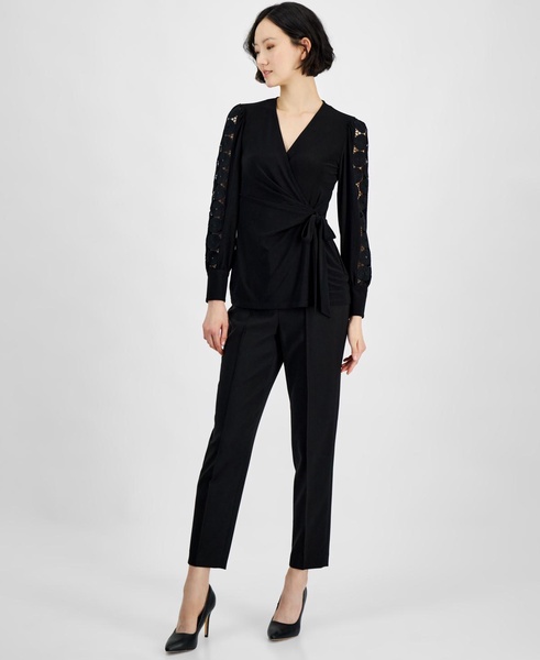 Women's Faux-Wrap Blouson-Sleeve Blouse 