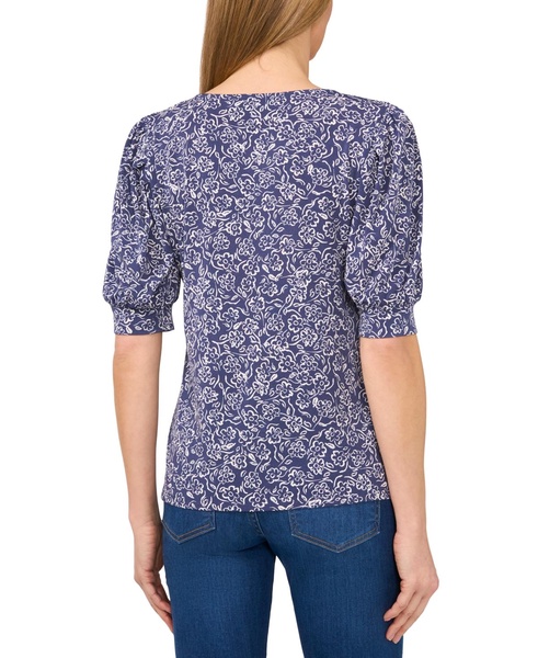 Women's Floral Shirred Scoop-Neck 3/4-Sleeve  Knit Top