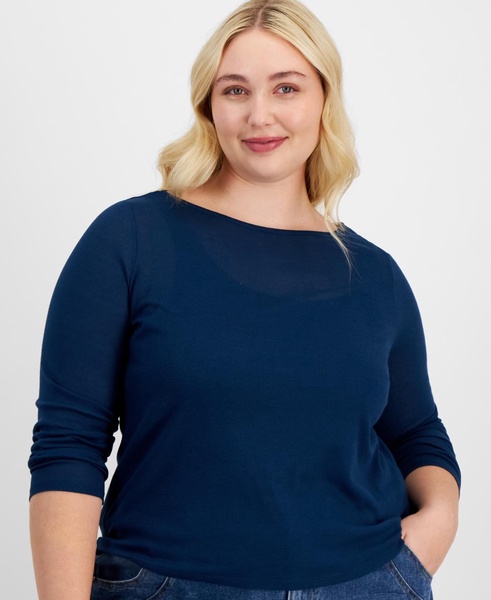 Trendy Plus Size Solid Boat-Neck Long-Sleeve Layered Top, Exclusively at Macy's