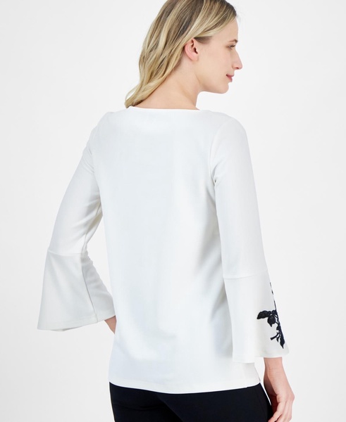Women's Embroidered Bell-Sleeve Boat-Neck Tunic Top