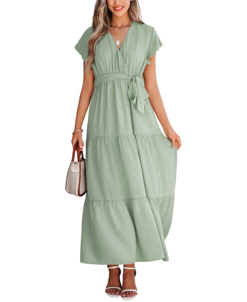 Women's Sage Green Surplice Ruffled Maxi Beach Dress