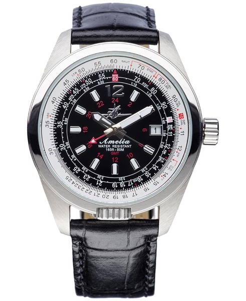 Women's Amelia Swiss GMT Black Leather Strap Watch 40mm