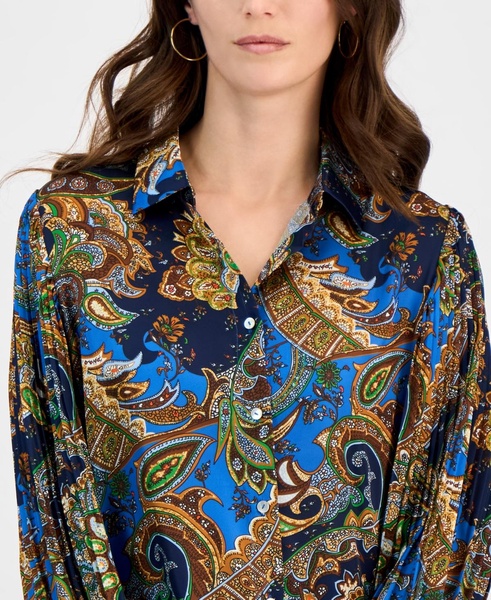 Women's Printed Satin Button Pleated-Sleeve Blouse