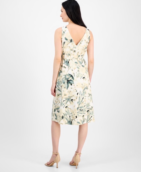 Women's Refined Linen Floral-Print Tie-Waist Sleeveless Dress