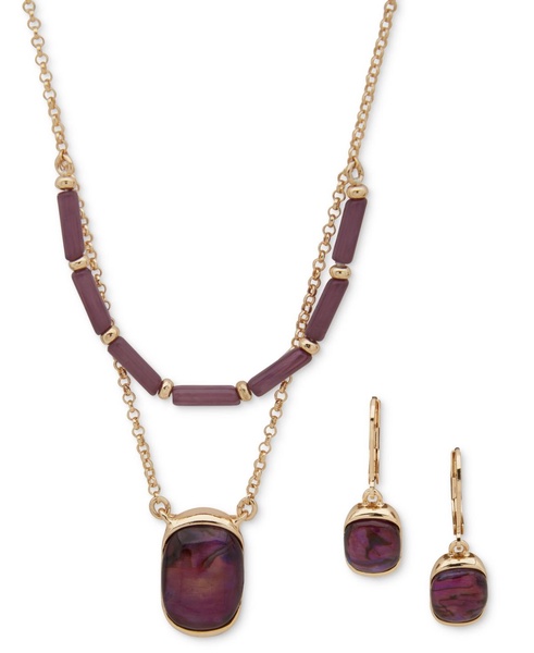 Gold-Tone 2-Pc. Set Purple Stone Layered Necklace & Matching Drop Earrings