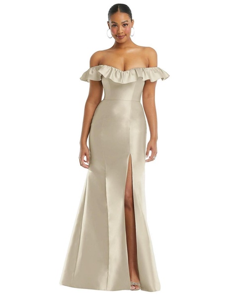 Women's Off-the-Shoulder Ruffle Neck Satin Trumpet Gown