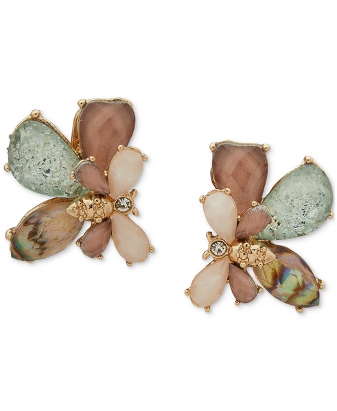 Gold-Tone Bee & Stone Cluster Clip On Earrings