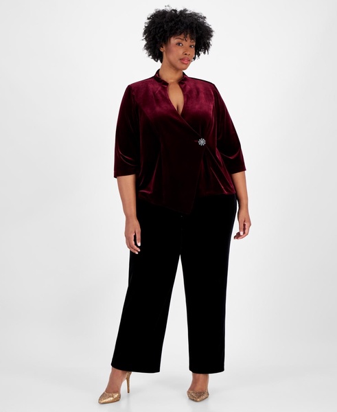 Plus Size Velvet Beaded-Button 3/4-Sleeve Top