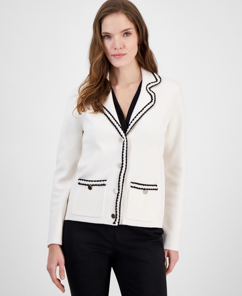 Women's Braided-Trim Notched-Collar Cardigan Sweater