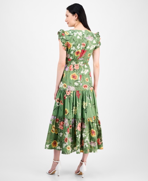 Women's Printed V-Neck Drawstring Maxi Dress