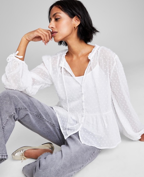 Women's Clip-Dot Tie-Neck Button-Down Woven Blouse