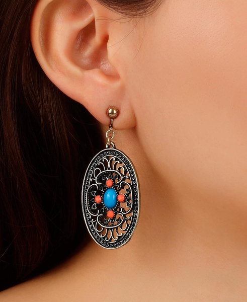 Enamel Large Oval Filigree Clip Earrings