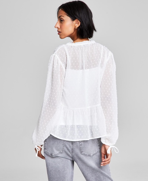 Women's Clip-Dot Tie-Neck Button-Down Woven Blouse