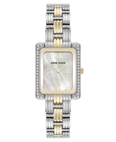 Women's Quartz Premium Crystal Accented Grooved Two-Tone Alloy Metal Bracelet Watch, 24mm