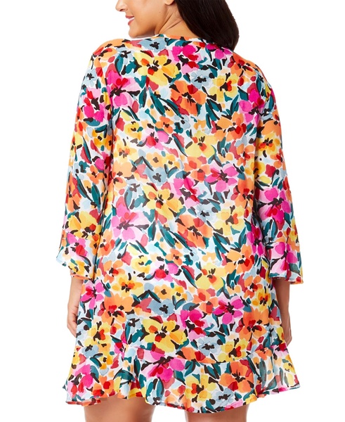 Plus Size Floral-Print Flounce Tunic Swim Cover-Up