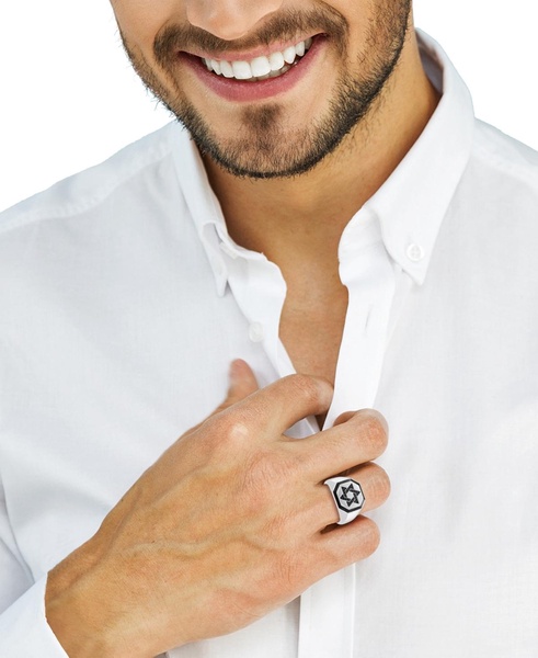 EFFY® Men's Black Spinel (1/6 ct. t.w.) & Black Enamel Star of David Ring in Sterling Silver 