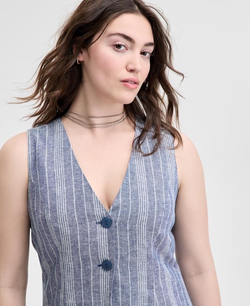 Women's Striped Sleeveless Double-Button Vest, Regular & Petites, Exclusively at Macy's