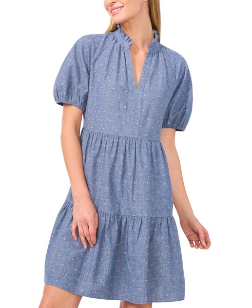 Women's Cotton V-Neck Puff-Sleeve Tiered Dress