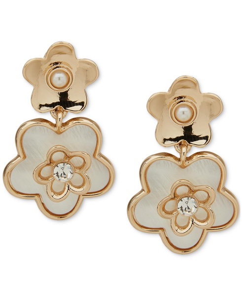 Gold-Tone Mother of Pearl Crystal Flower Clip On Earrings