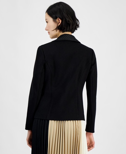 Petite Asymmetric-Zip Mixed-Media Moto Jacket