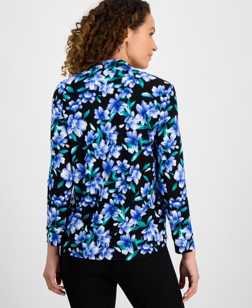 Petite Long-Sleeve V-Neck Collar Printed Top