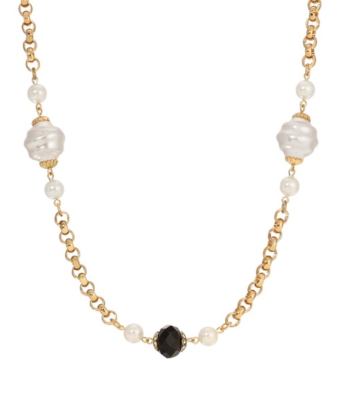 Faux Cultivated Pearl Jet Bead Strand Necklace