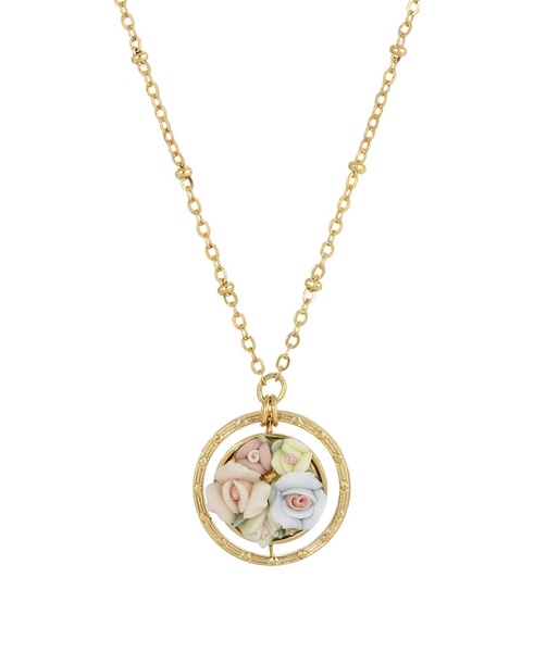 Women's Gold Tone Yellow Porcelain Flower Round Drop Necklace