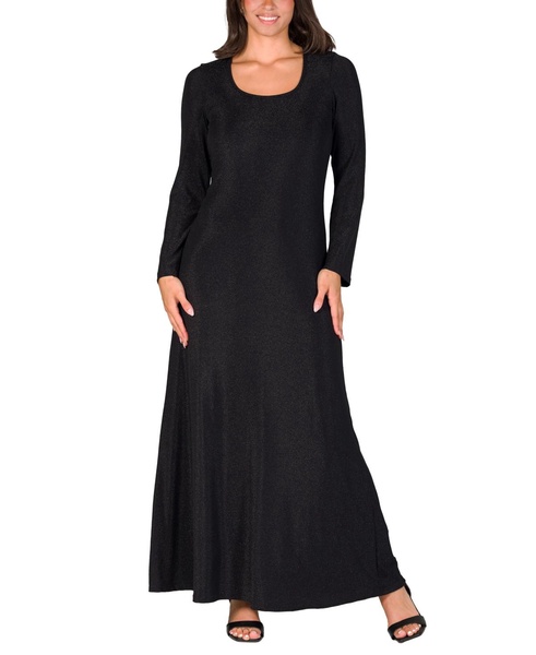 Women's Long Sleeve Scoop Neck Shimmery Fabric Maxi Dress