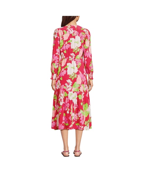 Women's Crepe Button Front Long Sleeve Midi Dress