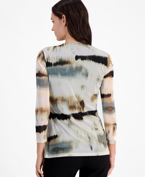 Women's Printed-Mesh 3/4-Sleeve Wrap Top