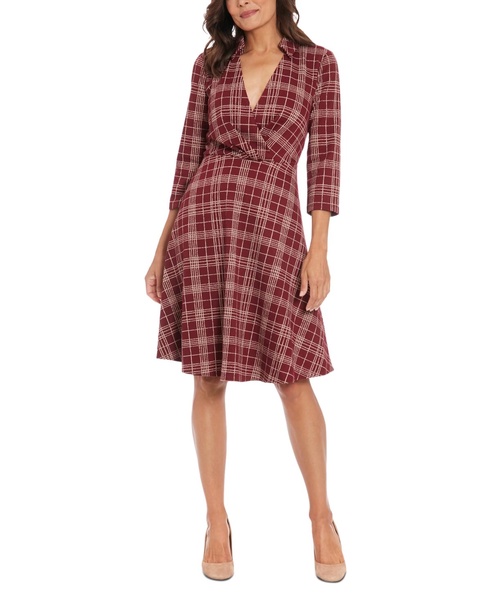 Women's Plaid Collared V-Neck 3/4-Sleeve Dress